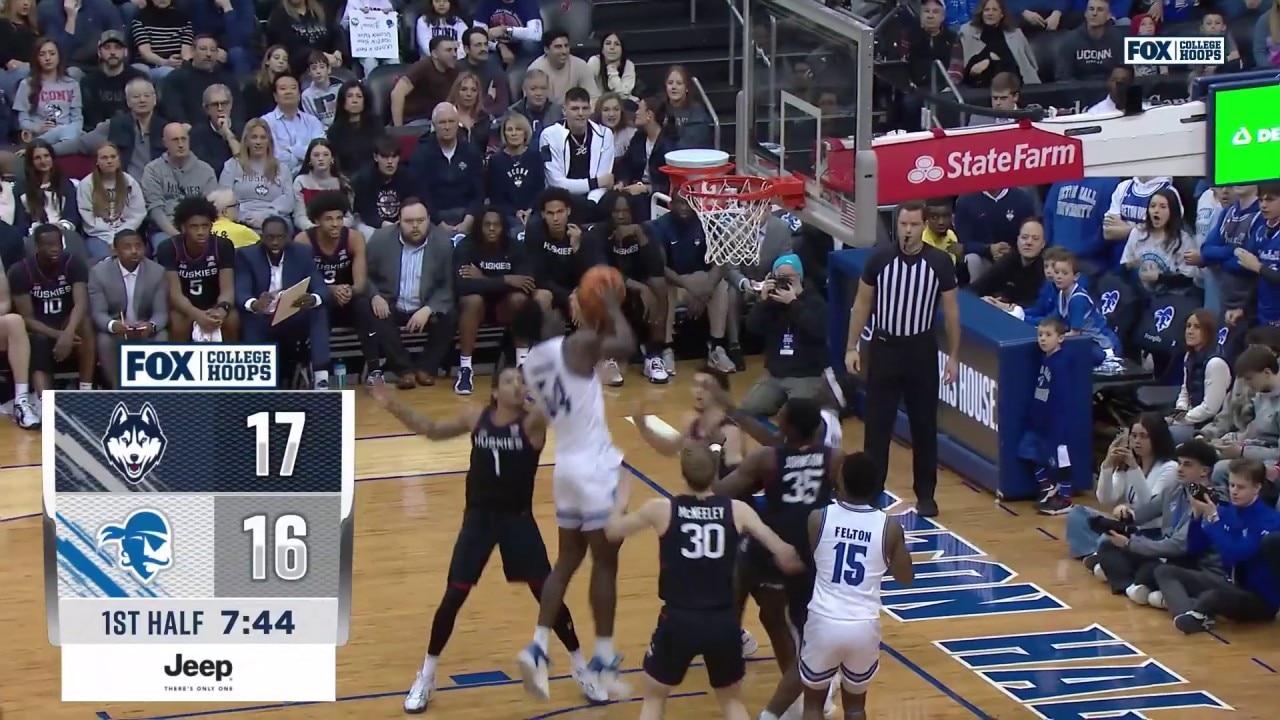 Seton Hall's Godswill Erheriene flies in for a nasty put-back jam vs. UConn