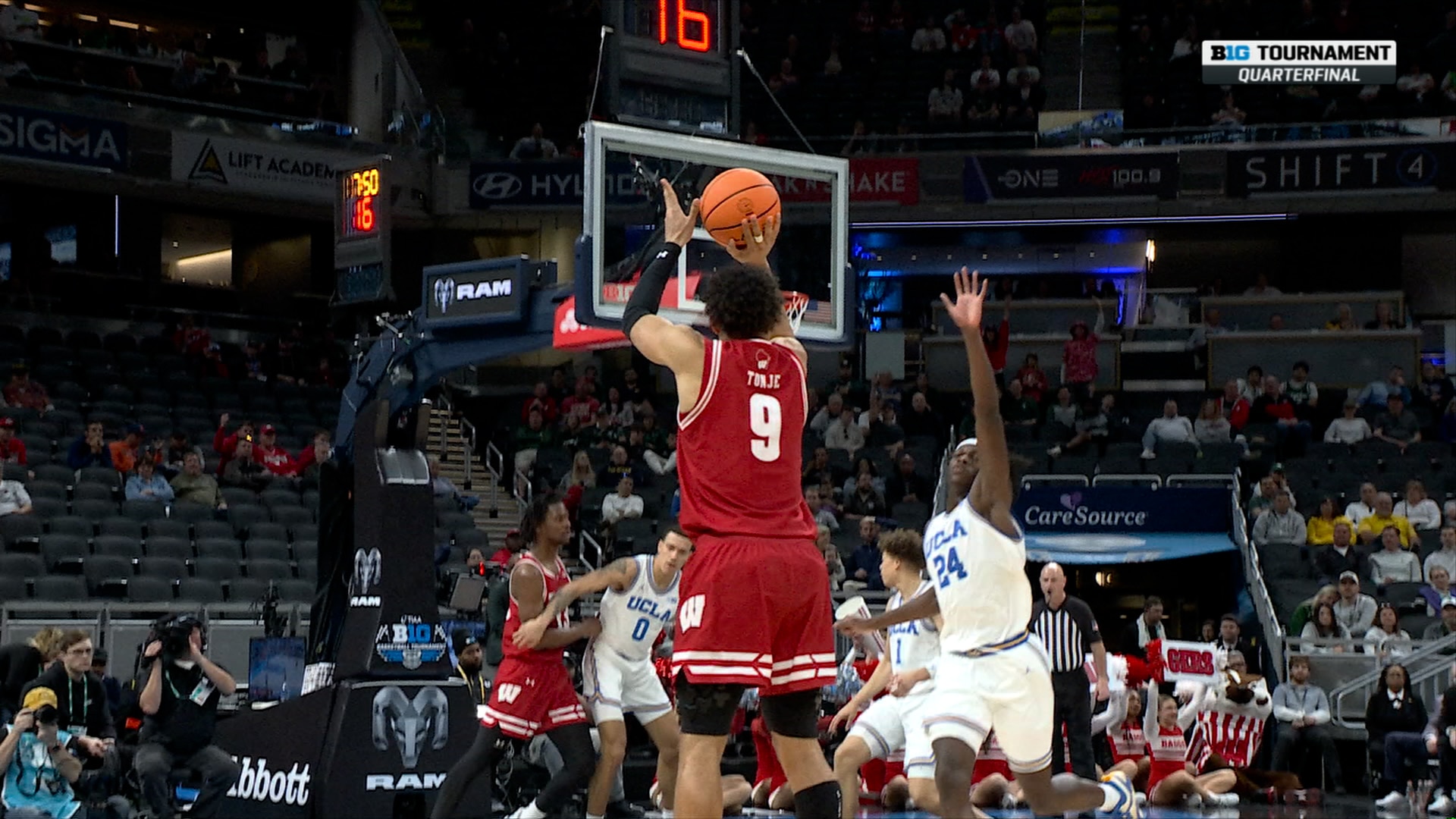 John Tonje drains his sixth 3-pointer of the game, extending Wisconsin's lead over UCLA