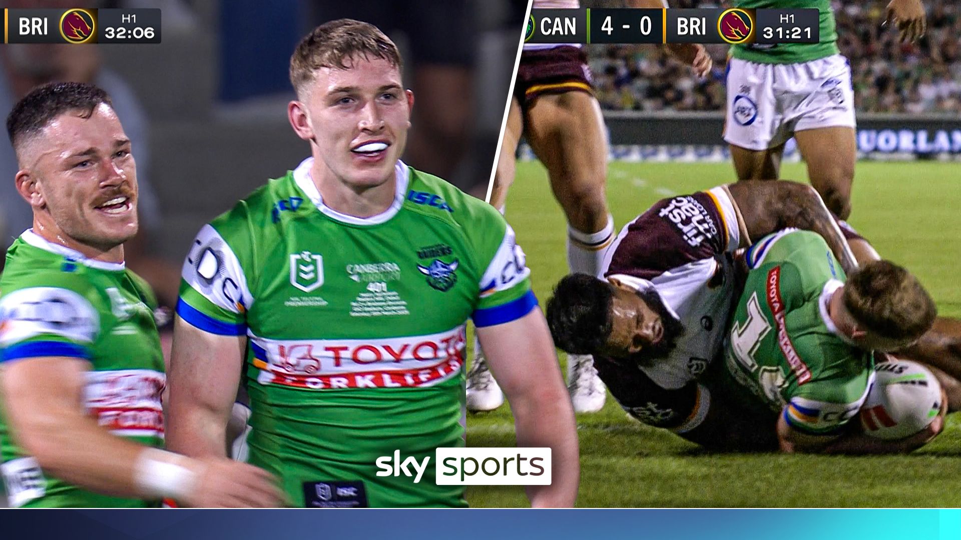 Matty Nicholson scores debut try for Canberra Raiders against Brisbane Broncos