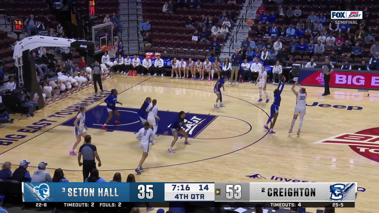 Morgan Maly hits a 3-pointer, extending Creighton's lead over Seton Hall